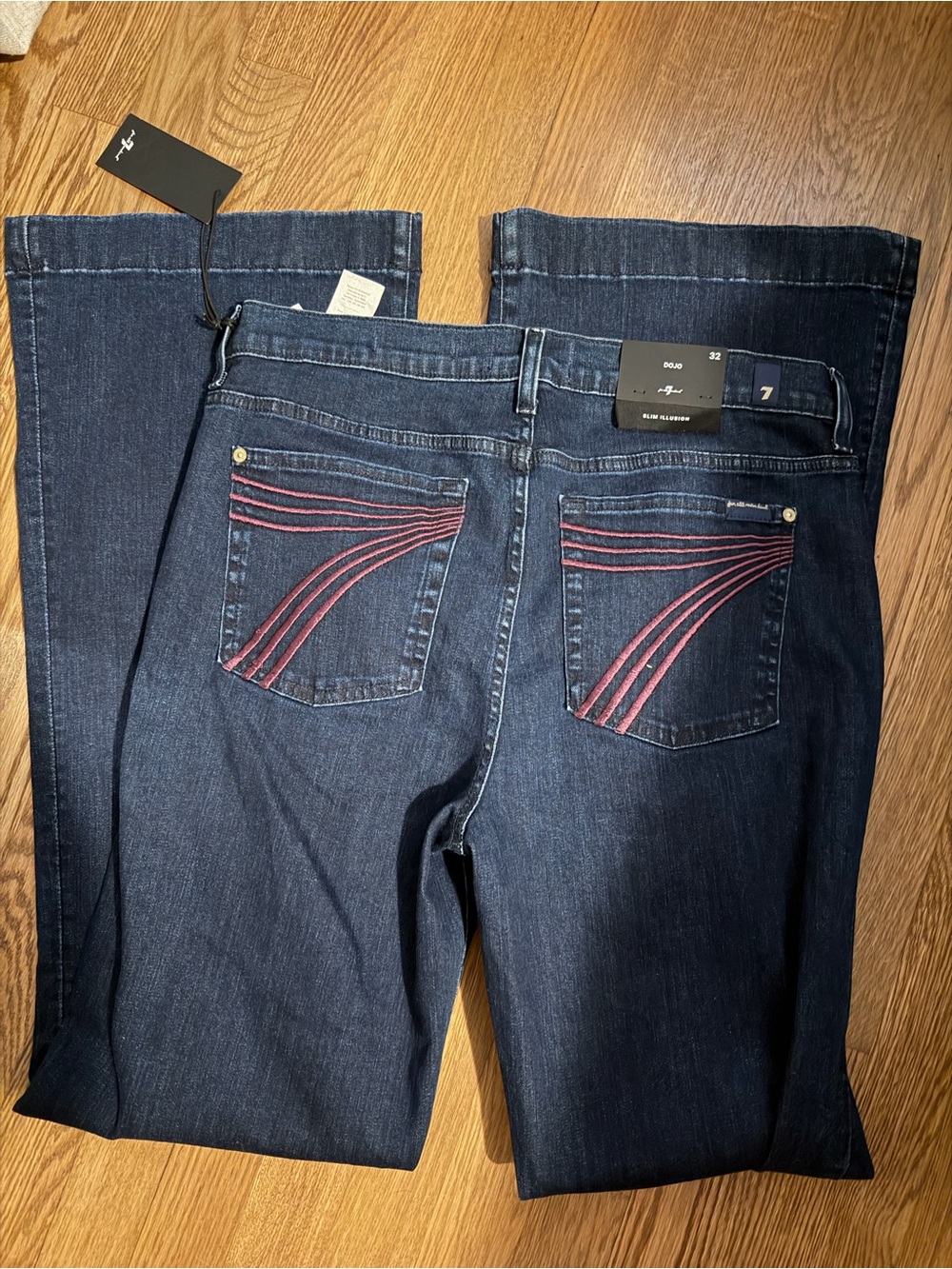 7 For All Mankind Dark Indigo Jeans with Pink Back Pocket Stitching